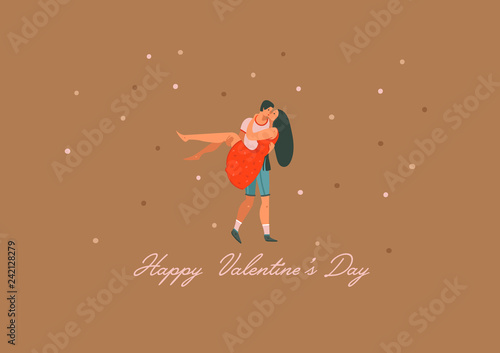 Hand drawn vector abstract cartoon modern graphic Happy Valentines day concept illustrations art card with couple people together and Valentines day text isolated on brown colored background