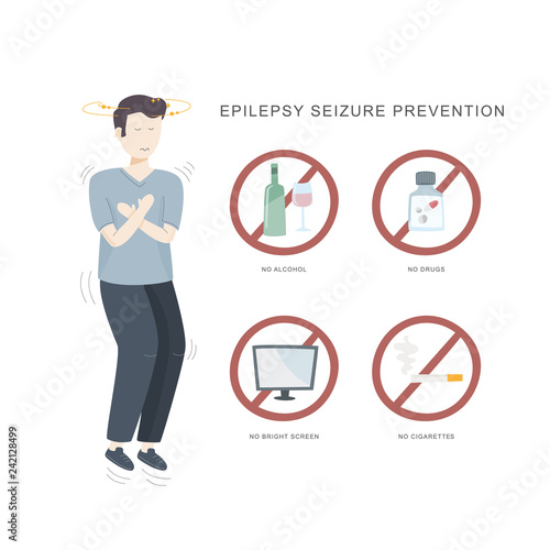 Epilepsy seizure pervention. Illustration of man having seizure and set of icons how to avoid epilepsy seizure.