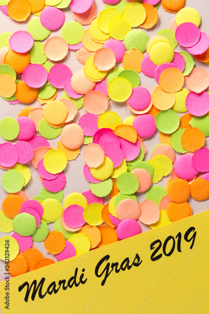 Carnaval party background concept. Space for text, copyspace. Mardi Gras 2019. Colorful confetti