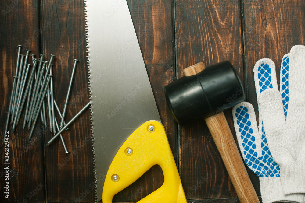 Repair modern tools on wooden background top