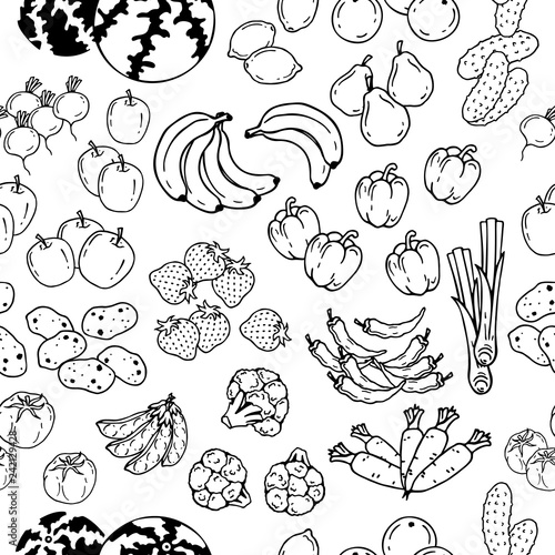 Pattern of vector illustrations on the vegetarianism theme: various types of fresh vegetables and fruits. Zero waste. Eco lifestyle. Isolated objects for your design.