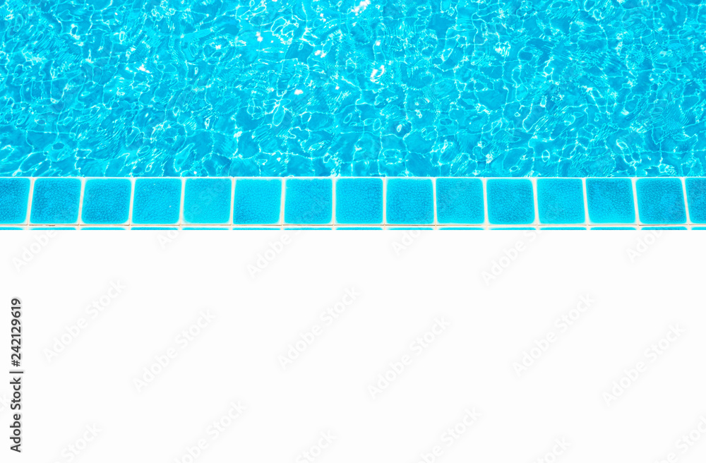 Beautiful blue water ,swimming pool for background and empty white floor .Blank space for text and images.