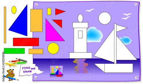 Educational page for kids. Need to find geometric figures in the picture and paint them. Logic puzzle game. Back to school. Developing children skills for drawing.  Vector cartoon image.