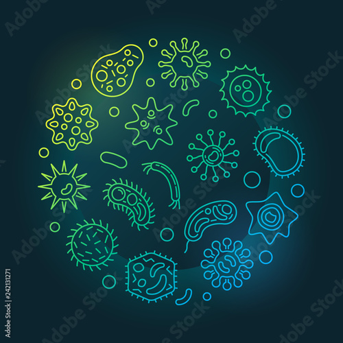 Bacterial cells round vector bright outline illustration made with microbes and bacterium icons on dark background