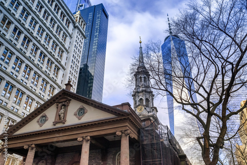 St. Paul's Chapel and One World Trade Center at Lower Manhattan in New York City, USA photo