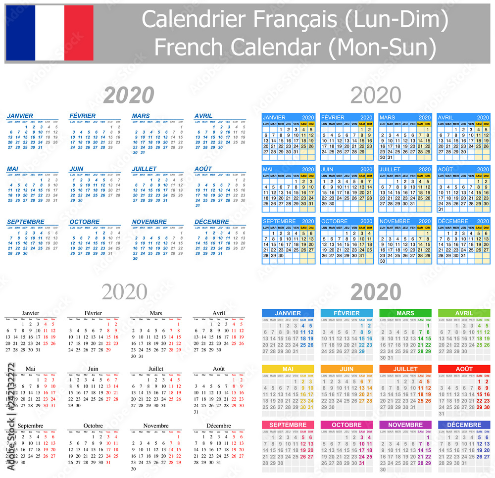 2020 French Mix Calendar Mon-Sun on white background 2020 French Mix Calendar Mon-Sun on white background