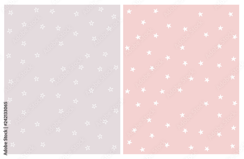 Set of 2 Lovely Hand Drawn Star Vector Patterns. White Irregular Shape Stars on a Light Gray and Pink Background. Cute Infantile Style Nursery Art. Delicate Pastel Colors. - obrazy, fototapety, plakaty 