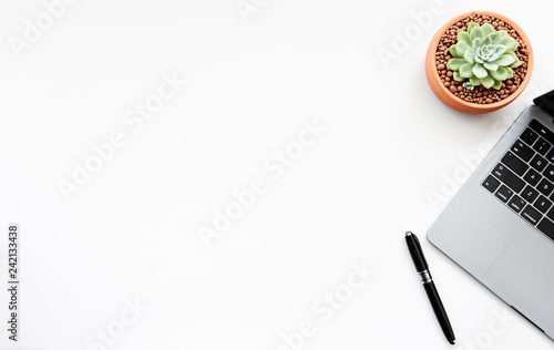Top view of laptop,Succulent and pen on white background with copy space