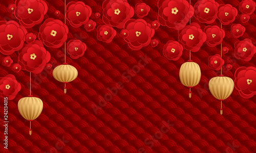 Lantern and papercut flower Chinese new year card
