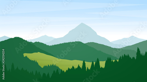 Vector illustration: Summer Wild Mountains landscape with pines, hills and peaks.