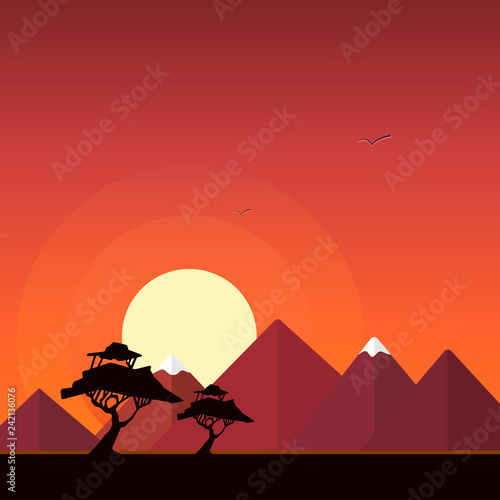 Vector illustration with autumn landscape background. Flat poster of a sunset over the mountains and trees on the hill.