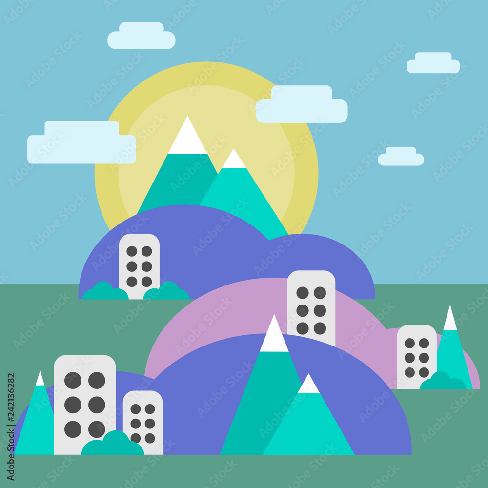 custom made wallpaper toronto digitalVector flat illustration with landscape and house. Sun and trees.