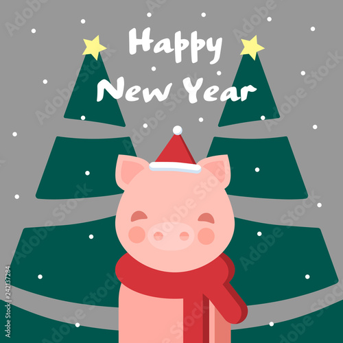 Beautiful vector illustration. Cute pig in a red scarf with green Christmas trees. Happy new year greeting card.