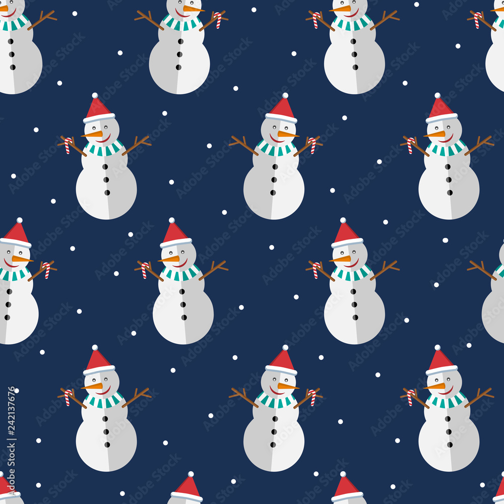 Bright seamless pattern. Vector snowman on blue background of falling snow.