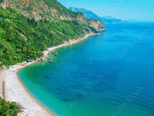 View of the seascape Montenegro in Balkans. Mountains and islands.