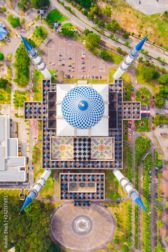 Drone view of Masjid Sultan Salahuddin Abdul Aziz Shah or Blue Mosque in Shah alam ,Selangor, Kuala lumpur, Malaysia. Sultan Salahuddin Abdul Aziz Mosque is the biggest mosque in Malaysia. photo