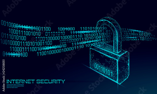 Cyber safety padlock on data mass. Internet security lock information privacy low poly polygonal future innovation technology network business concept blue vector illustration