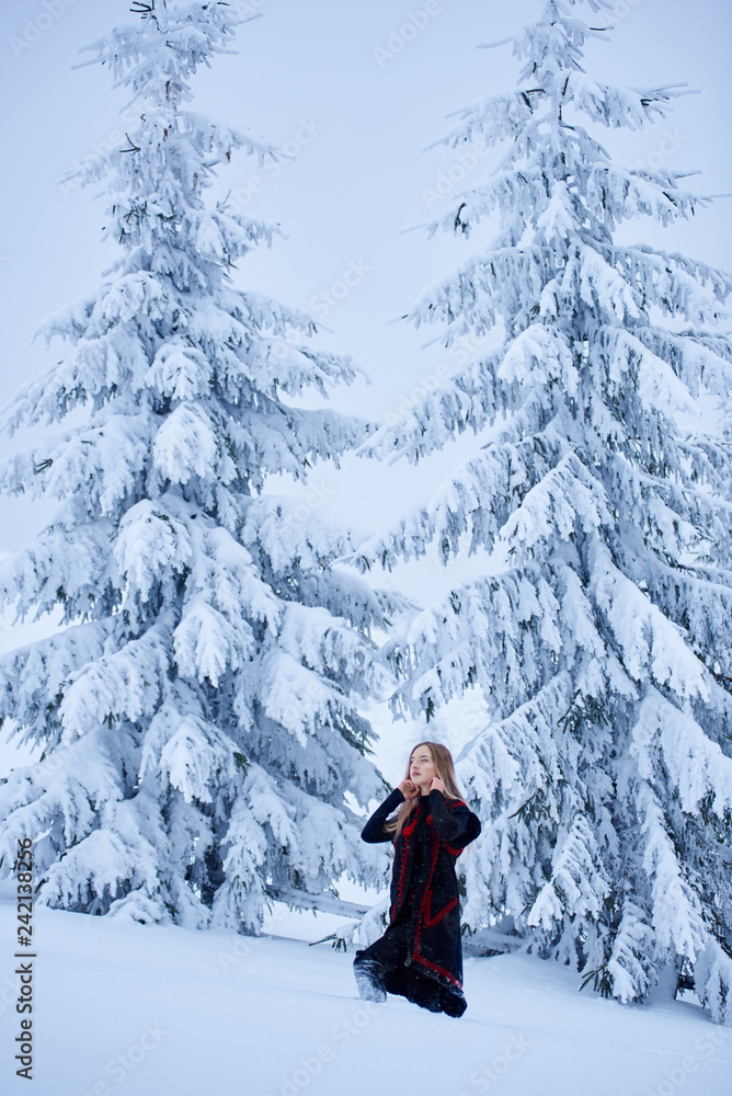 Attractive girl in dark blue embroidered long sleeveless sheepskin fur coat and kerchief with floral design outdoors in deep snow on winter day on blurred background of snowy spruce trees.