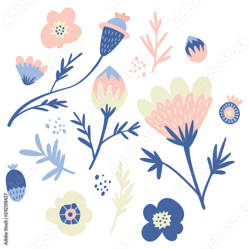 Set of floral elements for your design and compositions. Gentle light colors. Trendy pink, light yellow, blue. EPS 10.
