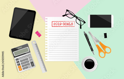 2019 goals text on white paper with office supplies on pastel paper background. Vector illustration