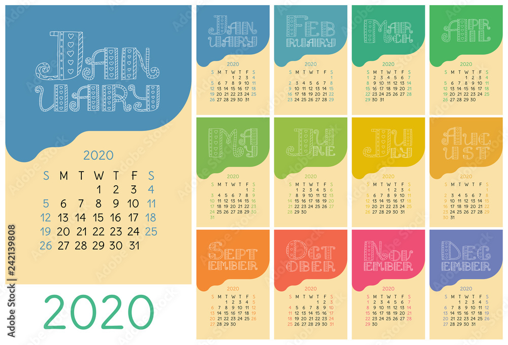 Calendar 2020. Colorful calender. Vector hand drawn design. Doodle English lettering collection.  Hearts and lines