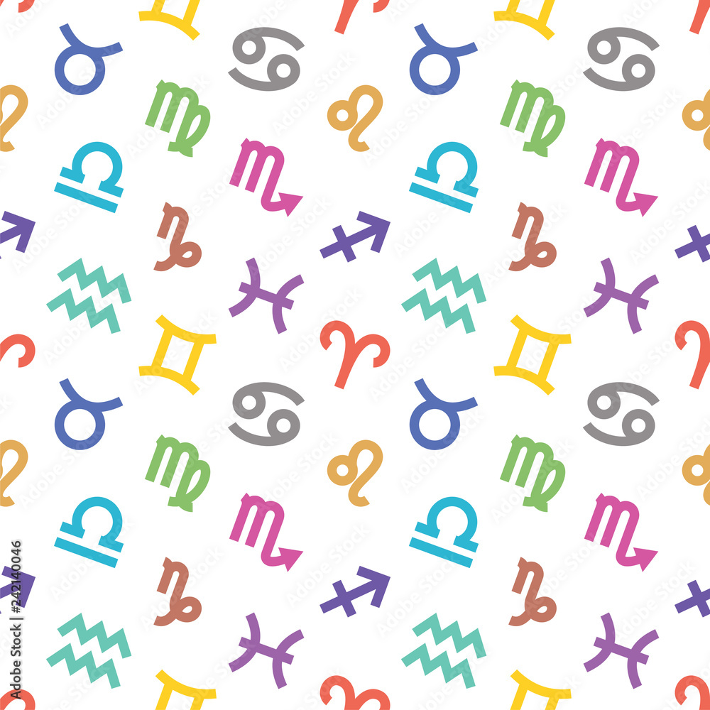 Zodiac signs seamless pattern. Aquarius, libra, leo, taurus, cancer, pisces, virgo, capricorn, sagittarius, aries, gemini, scorpio. Astrological calendar background. Zodiacal color vector horoscope Zodiac signs seamless pattern. Aquarius, libra, leo, taurus, cancer, pisces, virgo, capricorn, sagittarius, aries, gemini, scorpio. Astrological calendar background. Zodiacal color vector horoscope