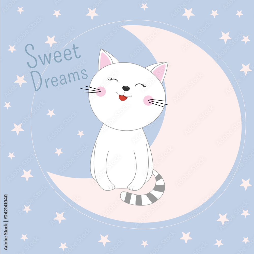 Cute sleeping kitty sitting in moon. Sweet dreams design element.