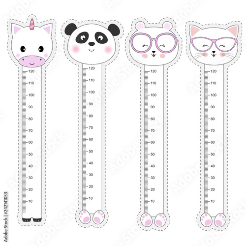 Set kids meter wall with a cute animals unicorn, panda, bear, cat and measuring ruler.