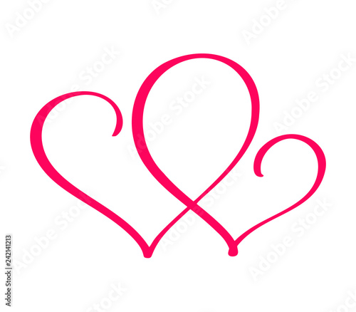 Couple Red Vector Valentines Day Hand Drawn Calligraphic two Hearts. Calligraphy lettering illustration. Holiday Design element valentine. Icon love decor for web, wedding and print. Isolated