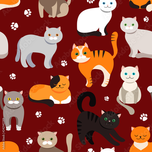 Cat background  seamless pattern. Vector flat illustration. Kitty  Pets.