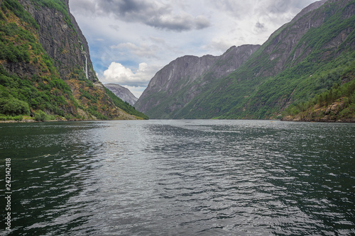 View of the Naeroyfjord seen from the jetty in Gudvangen.