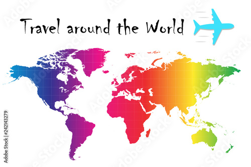 Multi colored world map with travel around the world concept design