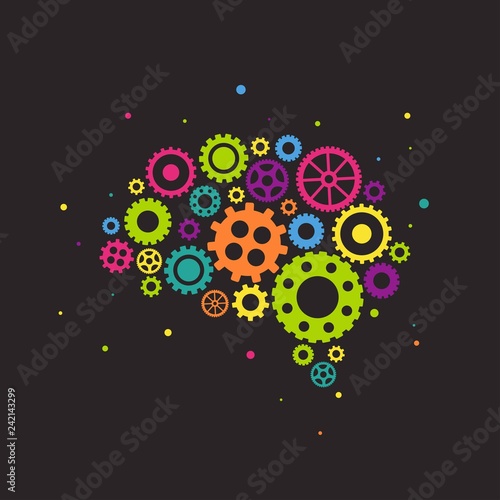 bright brain made of colorful gears and wheels icon isolated on black background. Combination of pinions.