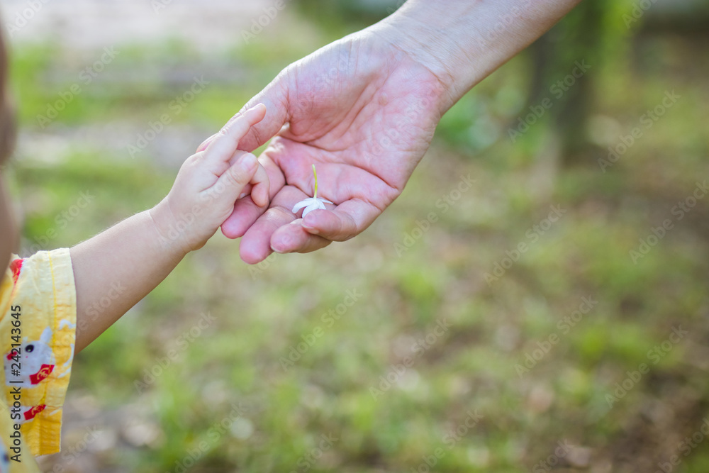 Asian little baby give flowers to mothers Asian little baby give flowers to mothers