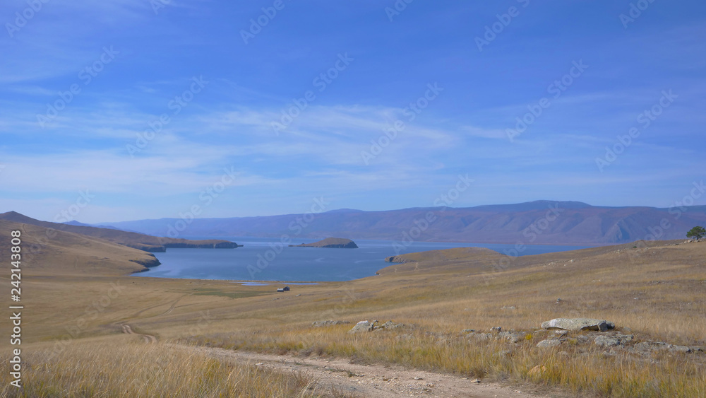 Beautiful view of Lake Baikal Olkhon Island in a sunny day, Irkutsk Russia.