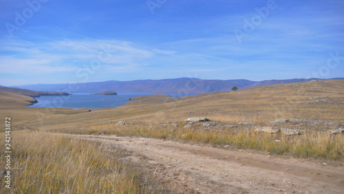 Beautiful view of Lake Baikal Olkhon Island in a sunny day, Irkutsk Russia.