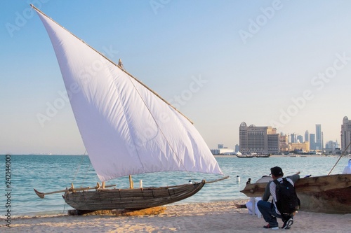 traditional classical style boat at the coast of Katara cultural village.