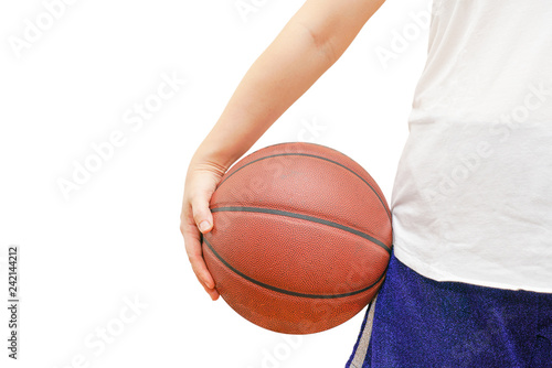 Isolated photo of girl body holding basketball.