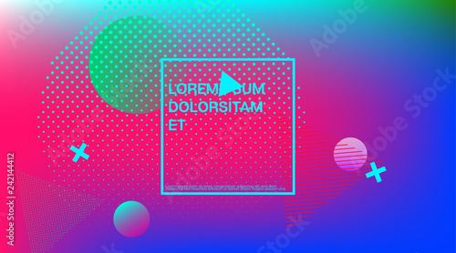 Memphis Minimal Cover Horizontal Vector Template. Neon Gradient Overlay, Small Space Particles Background. Geometric Memphis Design Elements, Horizontal Music Poster. Vintage Elemets Business Design.