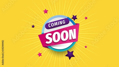Colorful COMING SOON animation with stars and yellow background