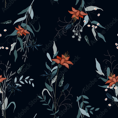 Vintage background. Wallpaper.  Hand drawn. Vector illustration. Blooming  Flowers. Realistic isolated seamless flower pattern.