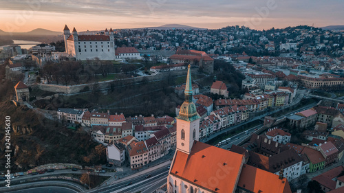 Cityscape of Bratislava before sunset, city center. Aerial view
