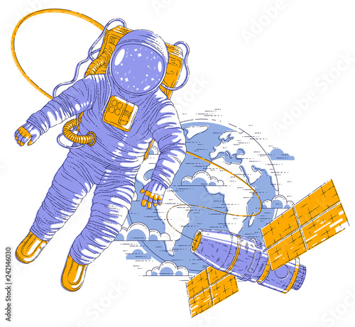Spaceman flying in open space connected to space station and earth planet in background, astronaut man or woman in spacesuit floating in weightlessness and iss spacecraft behind him. Vector.