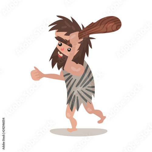 Caveman wearing in an animal skin running with a cudgel, stone age character colorful vector Illustration