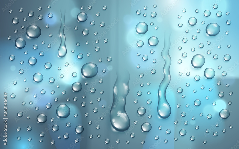 Water rain drops or condensation over blurred background beyond the window realistic transparent 3d vector illustration, easy to put over any background or use droplets separately.