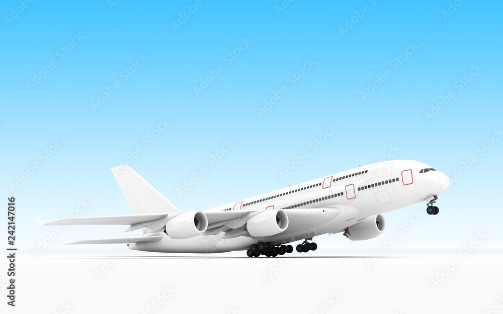 White airplane Airbus A380 takes off or landing. Isolated on blue background. Right side view. Bottom view. Perspective. 3D illustration.