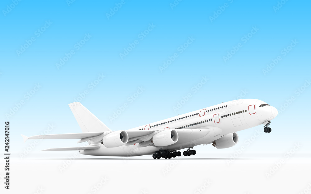 Obraz premium White airplane Airbus A380 takes off or landing. Isolated on blue background. Right side view. Bottom view. Perspective. 3D illustration.