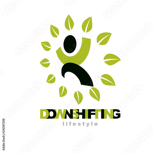 Vector illustration of joyful abstract individual with raised hands up. Downshifting concept logo. Wellness and harmony symbol. Wanderlust and countryside vacation icon.