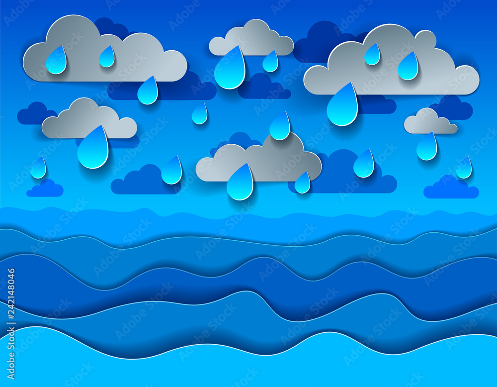 Rain over the sea with curvy waves rainy weather, perfect modern vector illustration in paper cut 3d style. Rain over the sea with curvy waves rainy weather, perfect modern vector illustration in paper cut 3d style.