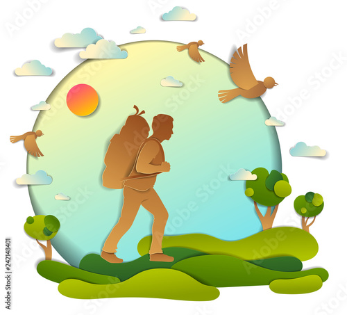 Fototapeta Naklejka Na Ścianę i Meble -  Young active man hiking to nature with grasslands and trees, vector illustration of beautiful summer scenic landscape, birds in the sky, holidays.